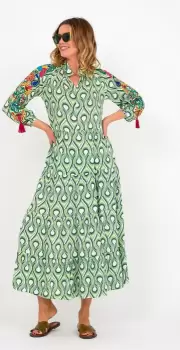 Rochie cu volane si broderie pe maneci, din vascoza, imprimeu verde imagine