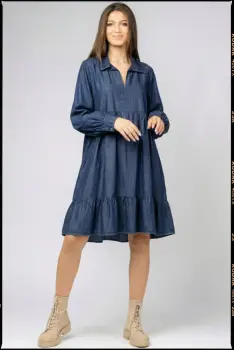 Rochie dama denim cu guler si croi lejer cu volane din bumbac imagine