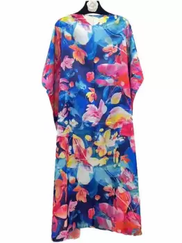 Rochie de plaja lunga tip poncho din matase cu flori fucisa pe fond albastru imagine