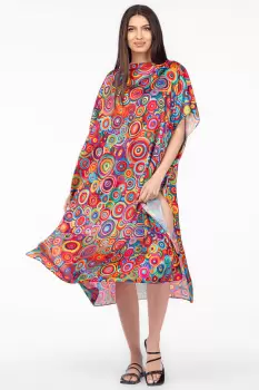 Rochie de plaja lunga tip poncho din matase cu imprimeu cercuri multicolore imagine
