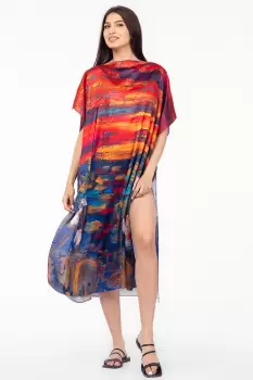 Rochie de plaja lunga tip poncho din matase cu imprimeu dupa pictura celebra imagine