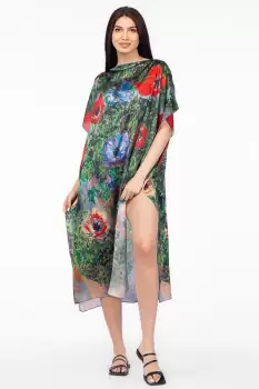 Rochie de plaja lunga tip poncho din matase cu imprimeu impresionist, floral pe fond verde imagine