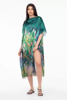 Rochie de plaja lunga tip poncho din matase cu imprimeu impresionist floral pe fond verde imagine