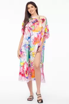 Rochie de plaja lunga tip poncho din matase cu motiv floral pastelat imagine
