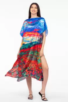 Rochie de plaja lunga tip poncho din matase cu pictura camp de maci si cer albastru imagine