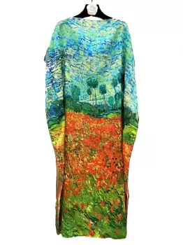 Rochie de plaja lunga tip poncho din matase cu pictura impresionista camp cu maci si pomi imagine