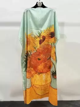 Rochie de plaja lunga tip poncho din matase cu reproducere dupa Floarea Soarelui de Van Gogh imagine