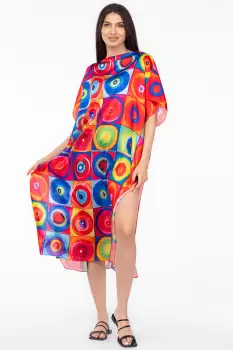 Rochie de plaja lunga tip poncho din matase cu reproducere dupa Kandinski imagine