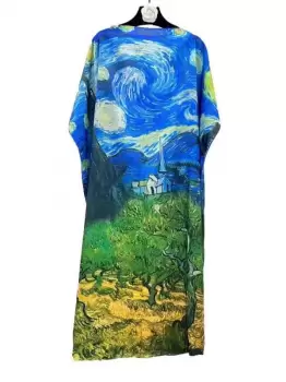 Rochie de plaja lunga tip poncho din matase cu reproducere dupa Noaptea Instelata a lui Van Gogh imagine