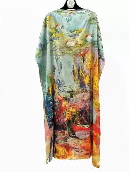 Rochie de plaja lunga tip poncho din matase cu reproducere dupa o pictura impresionista imagine