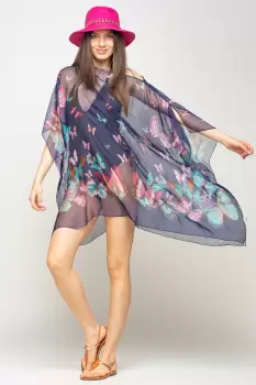 Rochie de plaja tip poncho cu fluturi pe fond bleumarin, matase si vascoza imagine