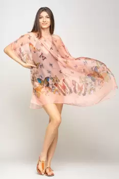Rochie de plaja tip poncho cu fluturi pe fond roz, matase si vascoza imagine