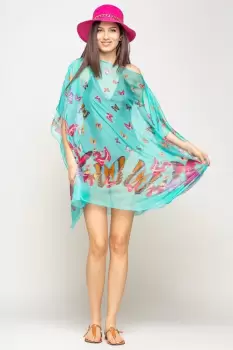 Rochie de plaja tip poncho cu fluturi pe fond turcoaz, vascoza si matase imagine