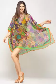 Rochie de plaja tip poncho cu mandale multicolore si margine portocalie cu verde, matase si vascoza imagine