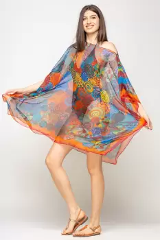 Rochie de plaja tip poncho cu mandale multicolore si margine rosie cu portocaliu, matase si vascoza imagine