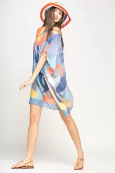 Rochie de plaja tip poncho cu model abstract in nuante de albastru jeans, portocaliu si gri , vascoza imagine