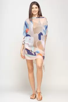 Rochie de plaja tip poncho cu model abstract in nuante de bej, alb si albastru, vascoza imagine