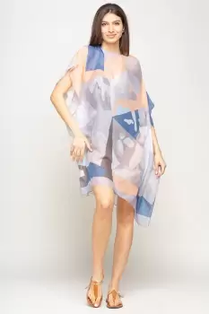 Rochie de plaja tip poncho cu model abstract in nuante de gri, albastru si bleu , vascoza imagine