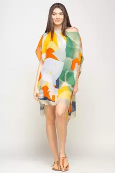 Rochie de plaja tip poncho cu model abstract in nuante de portocaliu, galben si verde, vascoza imagine