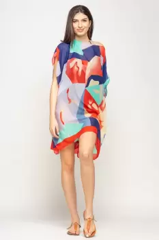 Rochie de plaja tip poncho cu model abstract in nuante de rosu, albastru si verde, vascoza imagine