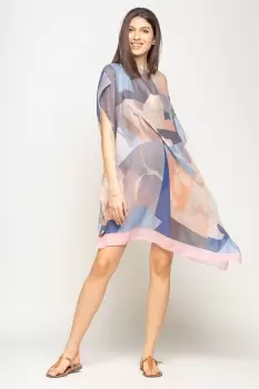 Rochie de plaja tip poncho cu model abstract in nuante de roz, albastru si gri, vascoza imagine