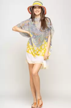 Rochie de plaja tip poncho cu motive florale si buline galbene, vascoza imagine