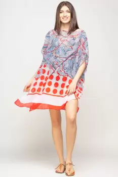 Rochie de plaja tip poncho cu motive florale si buline rosii, vascoza imagine