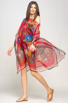 Rochie de plaja tip poncho de plaja cu flori si fluturi pe fond rosu, matase si vascoza imagine