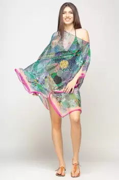 Rochie de plaja tip poncho de plaja cu mandale multicolore si margine mov cu roz, matase si vascoza imagine