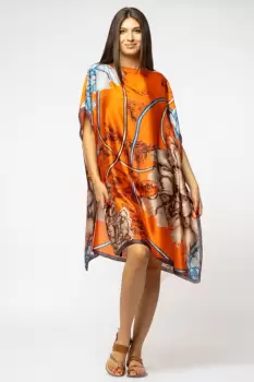 Rochie de plaja tip poncho din matase cu imprimeu abstract pe fond portocaliu imagine