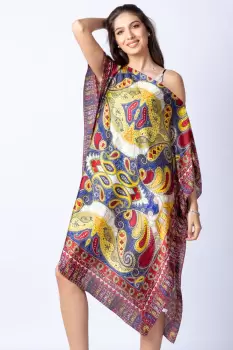 Rochie de plaja tip poncho din matase cu imprimeu arabesque pe fond bordo - albastru imagine
