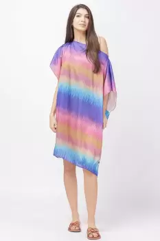 Rochie de plaja tip poncho din matase cu imprimeu curcubeu albastrui imagine