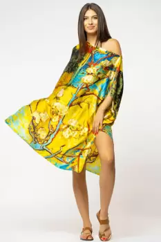 Rochie de plaja tip poncho din matase cu imprimeu inspirat din pictura moderna cu galben si albastru imagine