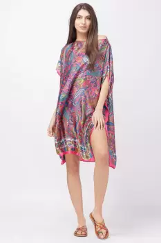 Rochie de plaja tip poncho din matase cu imprimeu paisley pe fond fucsia imagine
