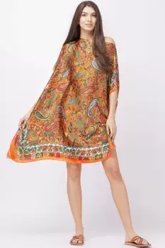 Rochie de plaja tip poncho din matase cu imprimeu paisley pe fond portocaliu imagine