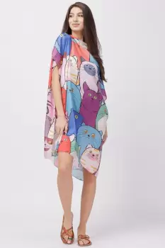 Rochie de plaja tip poncho din matase cu imprimeu pisici multicolore imagine