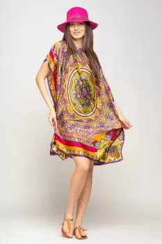 Rochie de plaja tip poncho din matase cu mandala centrala in chenar fucsia si mov imagine