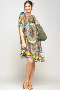 Rochie de plaja tip poncho din matase cu mandala centrala in chenar galben si gri imagine