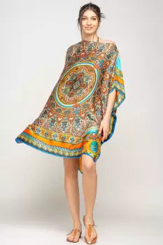 Rochie de plaja tip poncho din matase cu mandala centrala in chenar portocaliu si albastru imagine
