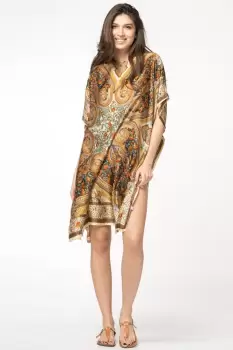 Rochie de plaja tip poncho din matase cu motive orientale pe fond bej imagine