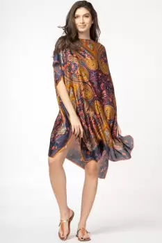 Rochie de plaja tip poncho din matase cu motive orientale pe fond bleumarin imagine