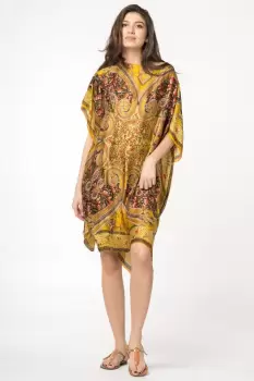 Rochie de plaja tip poncho din matase cu motive orientale pe fond galben auriu imagine