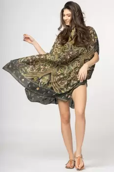 Rochie de plaja tip poncho din matase cu motive orientale pe fond negru imagine