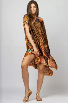 Rochie de plaja tip poncho din matase cu Pomul Vietii pe fond portocaliu imagine