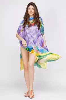 Rochie de plaja tip poncho din matase cu reproducere dupa o pictura cu campuri de lavanda imagine