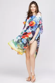Rochie de plaja tip poncho din matase cu reproducere dupa o pictura cu maci imagine