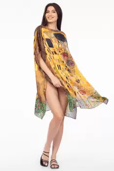 Rochie de plaja tip poncho din matase cu reproducere dupa Sarutul de Gustav Klimt imagine