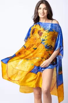 Rochie de plaja tip poncho din matase cu stilizare Floarea Soarelui pe fond albastru imagine