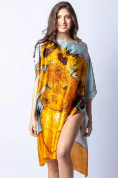 Rochie de plaja tip poncho din matase cu stilizare Floarea Soarelui pe fond gri imagine