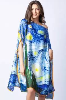 Rochie de plaja tip poncho din matase cu stilizare Noaptea Instelata pe fond albastru imagine